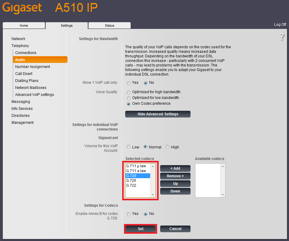 A510IP Telephony Audio Settings