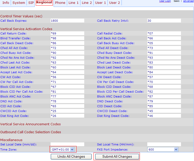 Linksys SPA 1001 regional settings page