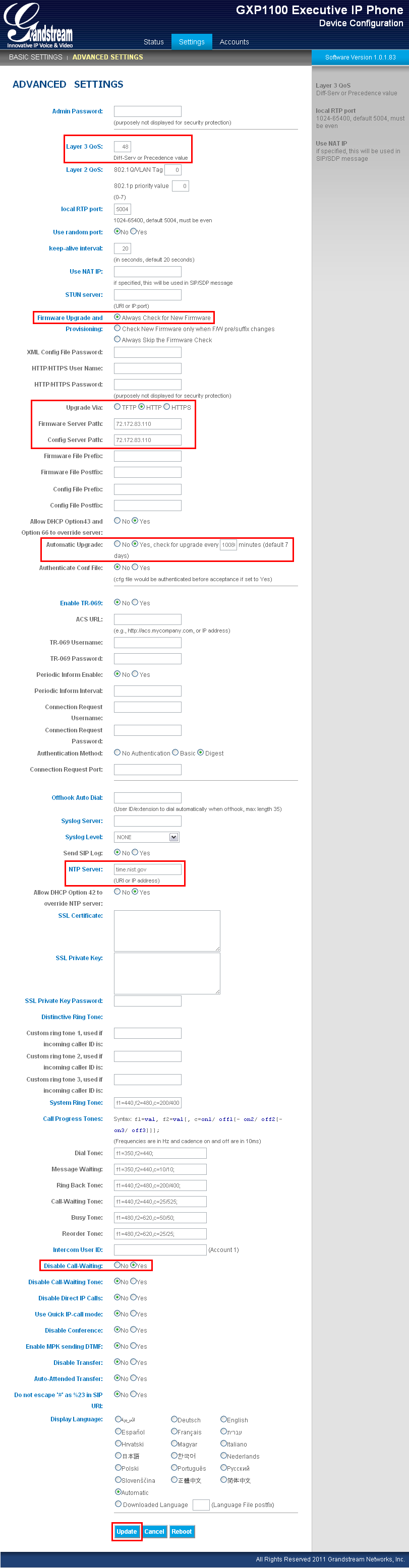 GXP1100 Advanced Settings