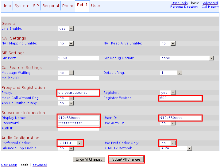 Linksys SPA 921 line settings page