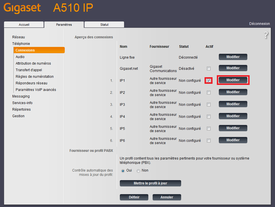 Connexions de téléphonie A510IP