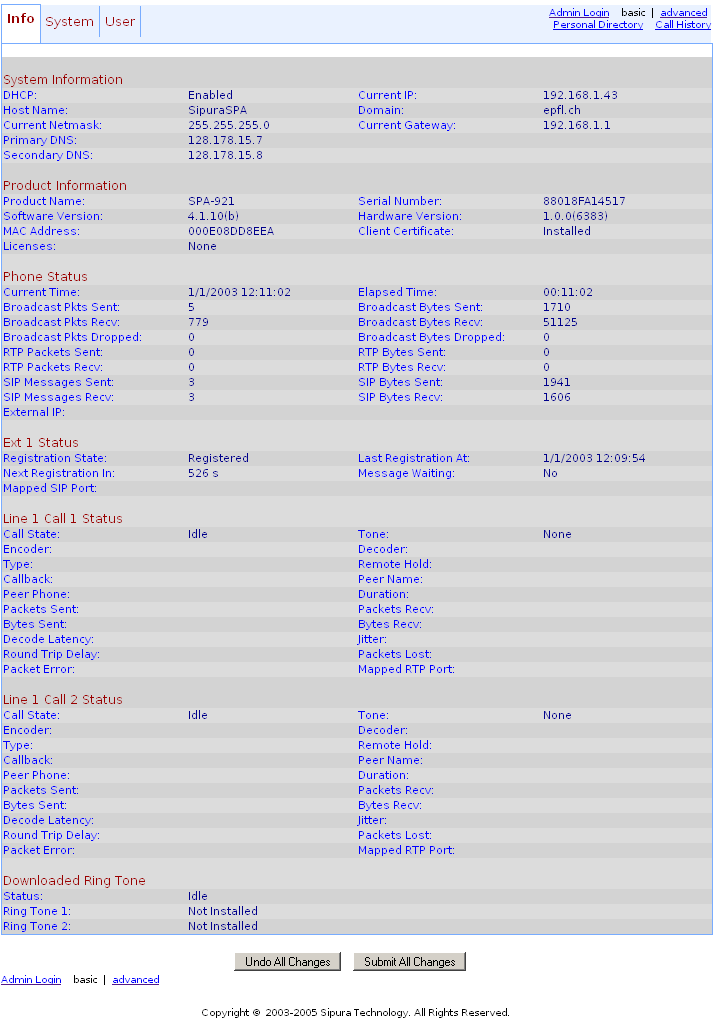 Linksys SPA 921 info settings page