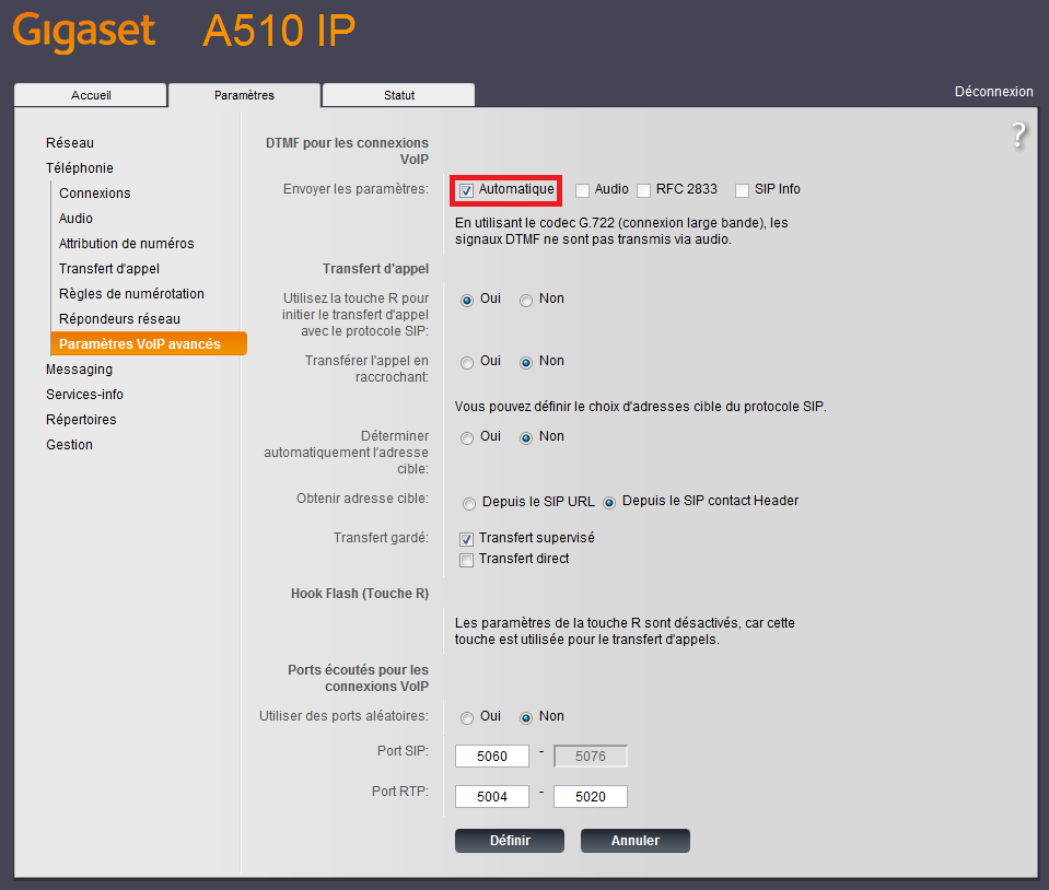 Paramètres VoIP avancés A510IP