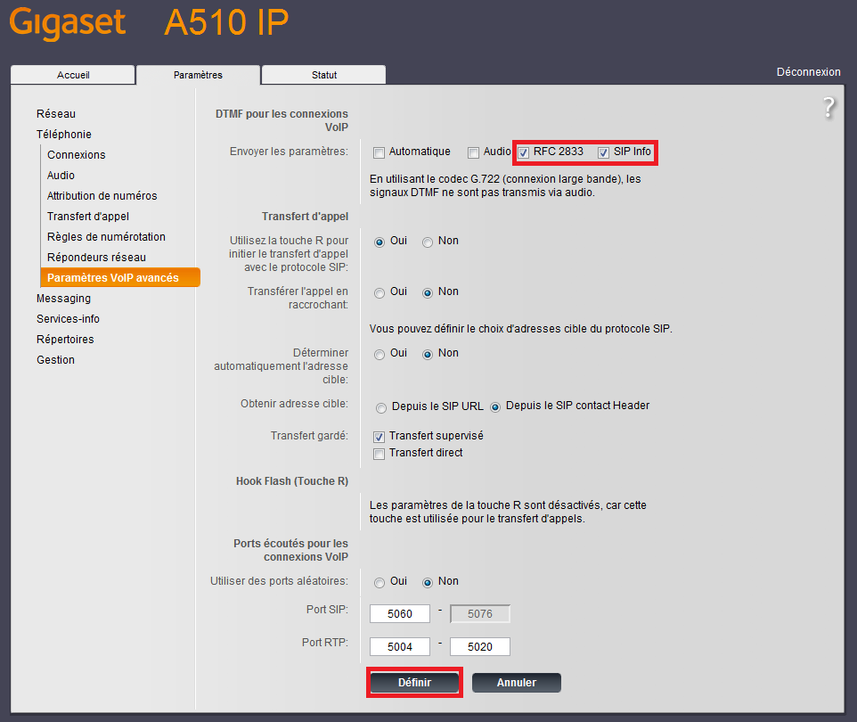 Paramètres VoIP avancés A510IP