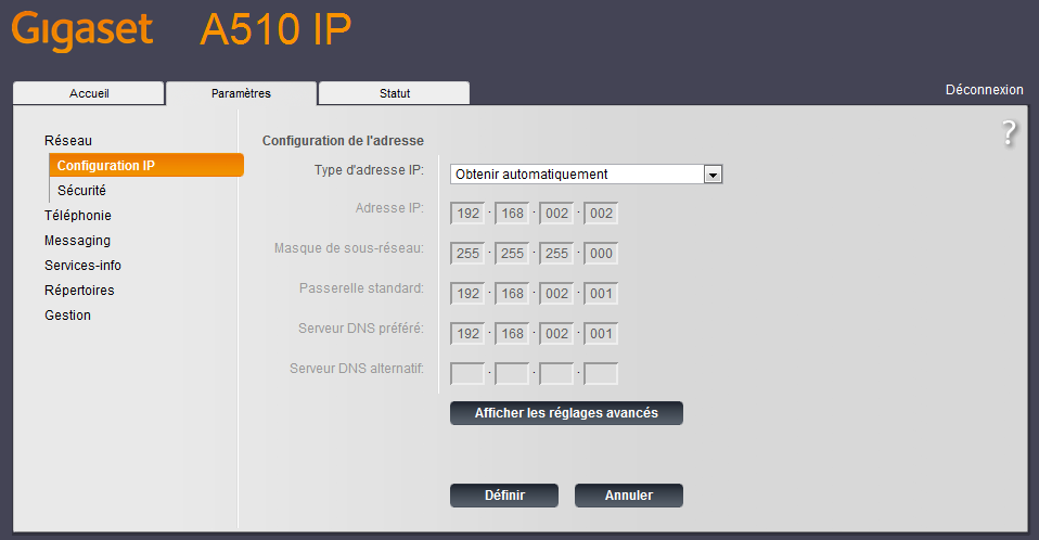 Paramètres de téléphonie A510IP