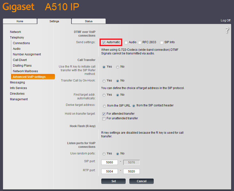 A510IP Telephony Advance VoIP settings