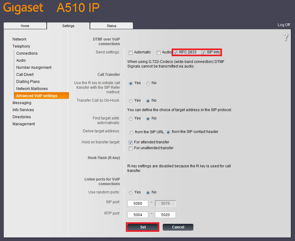 A510IP Telephony Advance VoIP settings