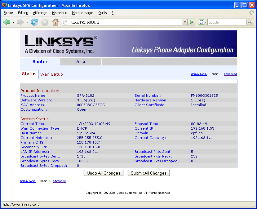 Linksys SPA 3102 info settings page
