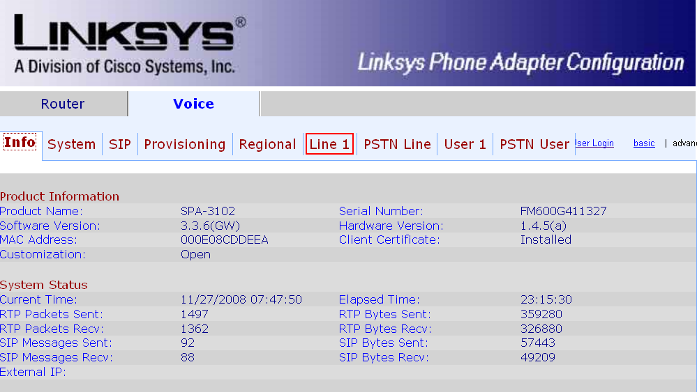 Linksys SPA 3102 Voice Infp page