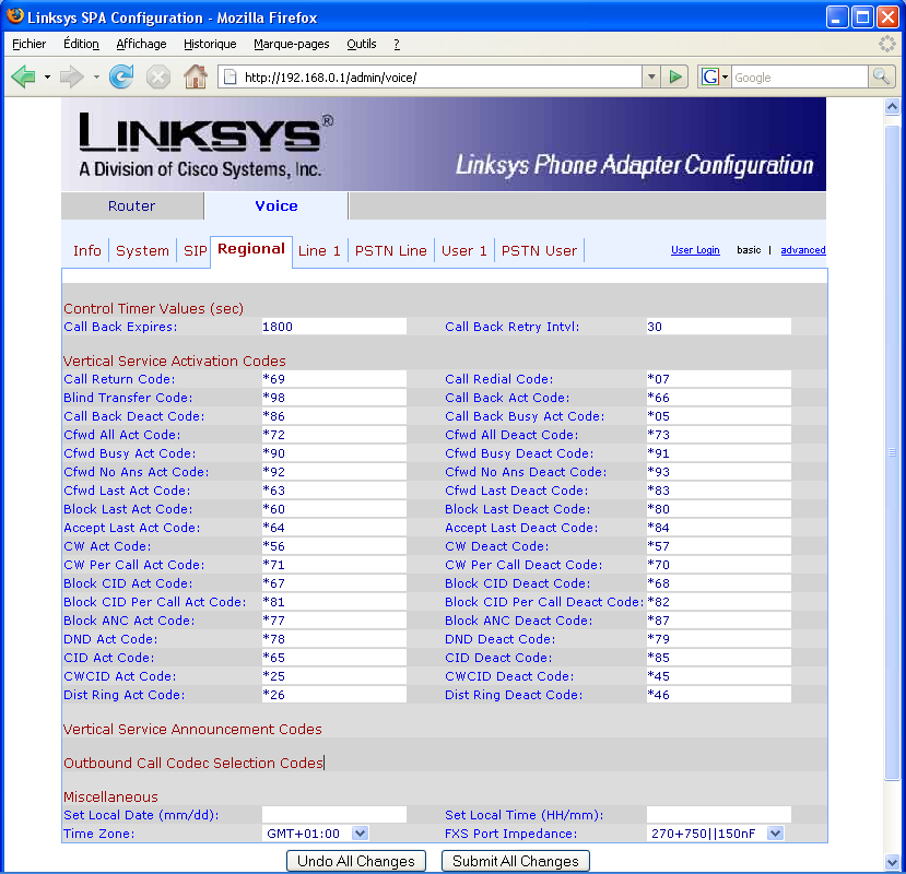 Linksys SPA 3102 regional settings page