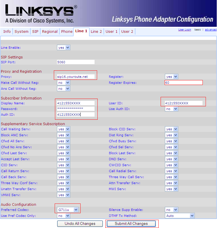 Linksys SPA 1001 line settings page