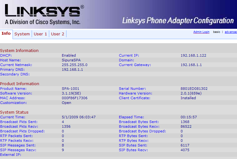 Linksys SPA 1001 info settings page