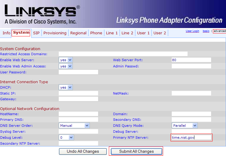 Linksys SPA 1001 system advanced settings page