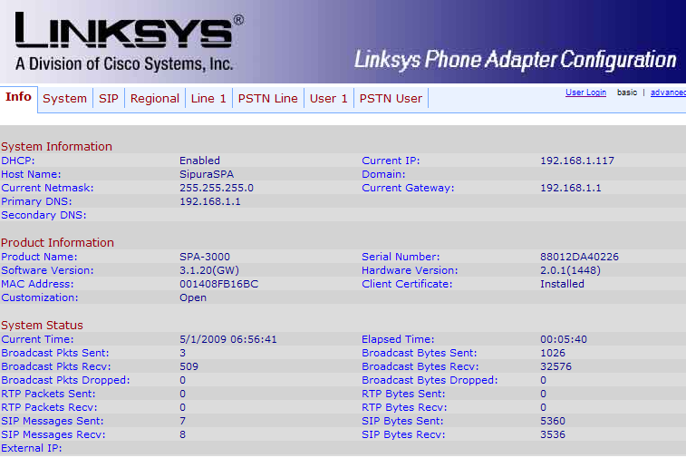 Linksys SPA 3000 info settings page