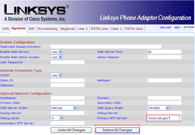 Linksys SPA 3000 system advanced settings page