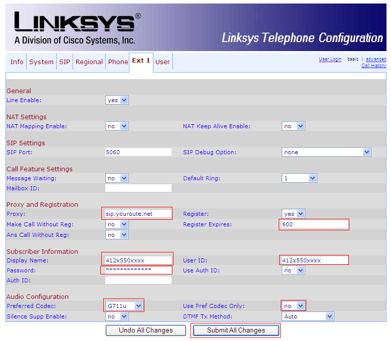 Linksys SPA 901 line settings page