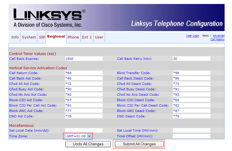 Linksys SPA 901 regional settings page