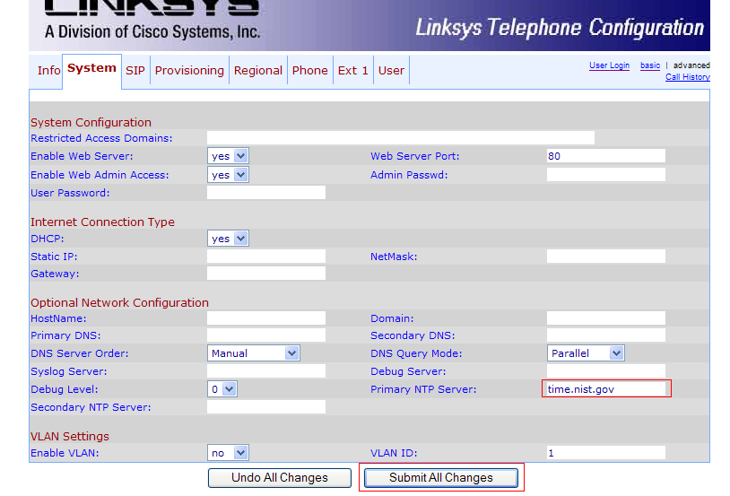 Linksys SPA 901 system advanced settings page