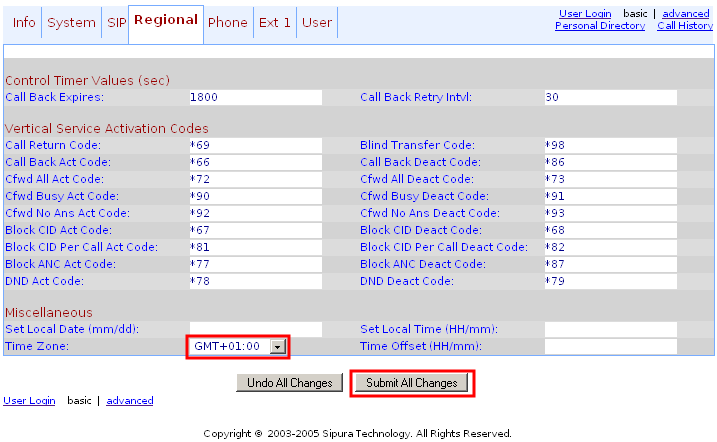 Linksys SPA 921 regional settings page