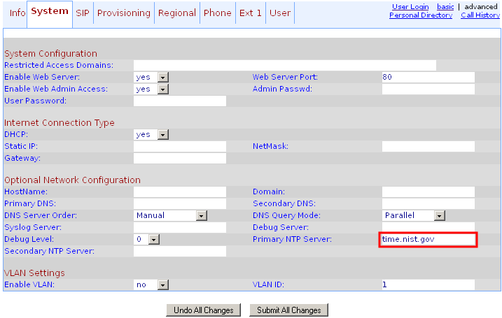 Linksys SPA 921 system advanced settings page